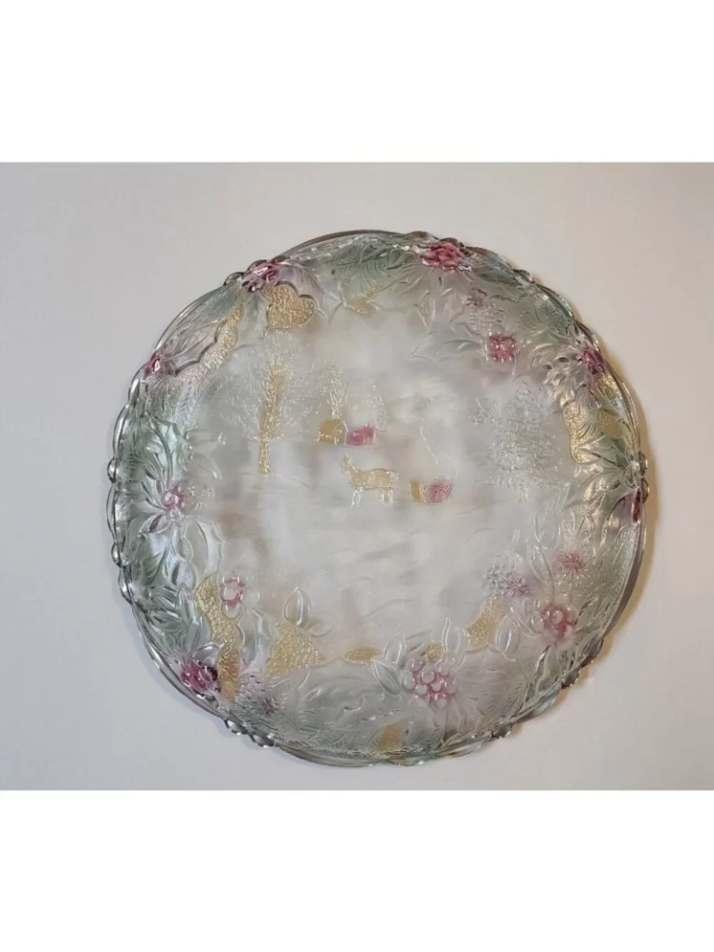 Christmas Serving Platter Plate Vintage Heavy Glass Tray Holly Winter Scene